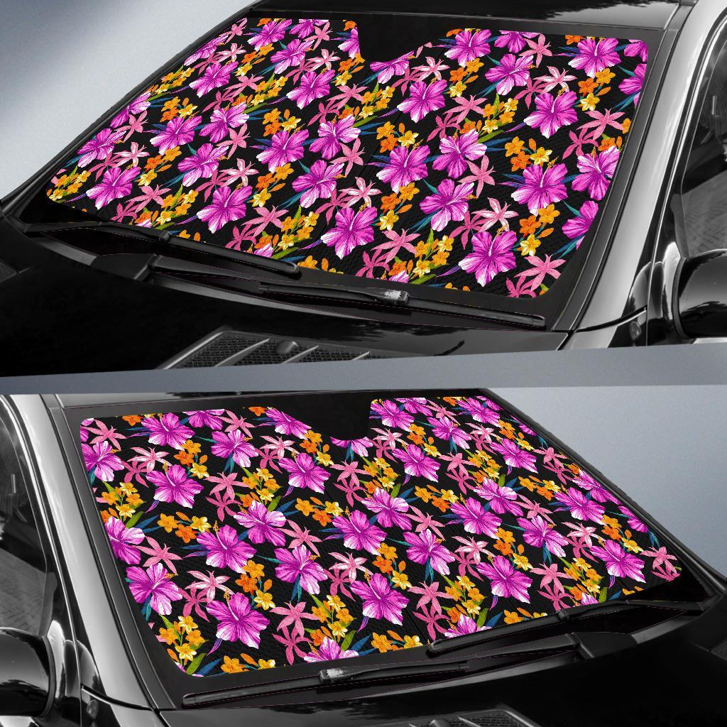 Tropical Flower Pink Hibiscus Print Car Sun Shade For Windshield