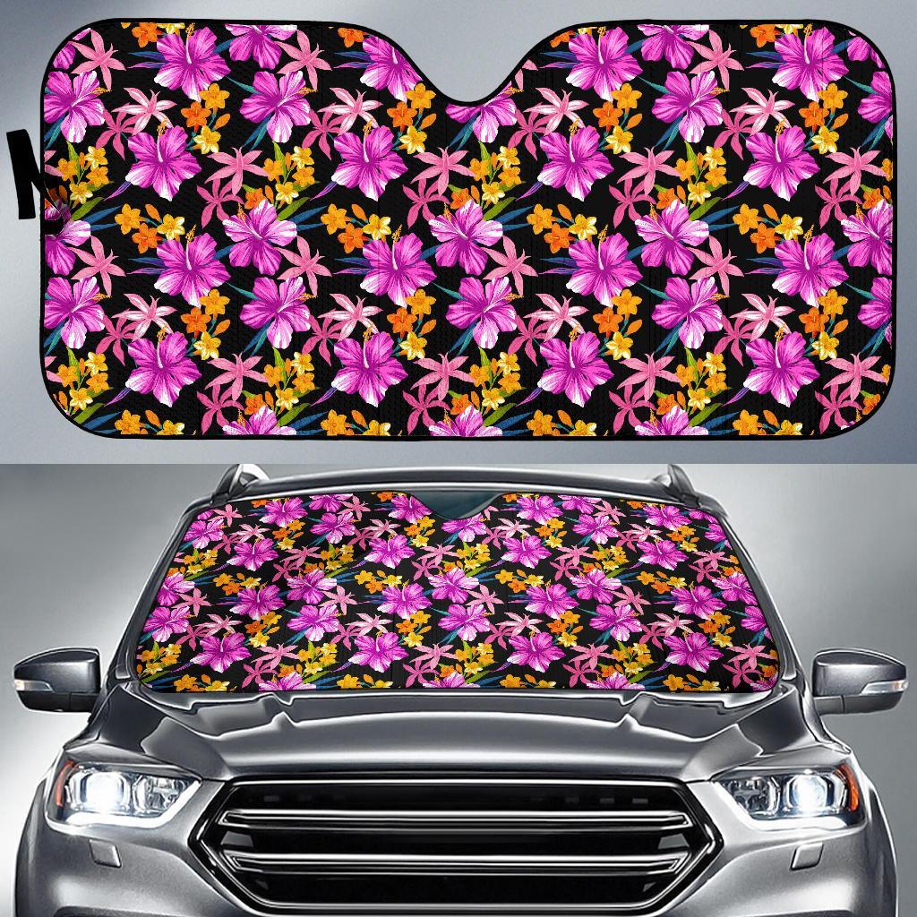 Tropical Flower Pink Hibiscus Print Car Sun Shade For Windshield