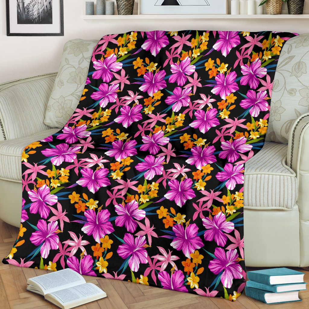 Tropical Flower Pink Hibiscus Print Fleece Blanket