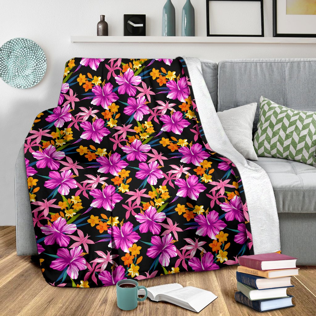 Tropical Flower Pink Hibiscus Print Fleece Blanket