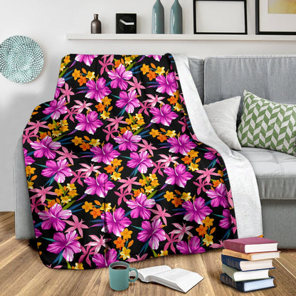 Tropical Flower Pink Hibiscus Print Fleece Blanket