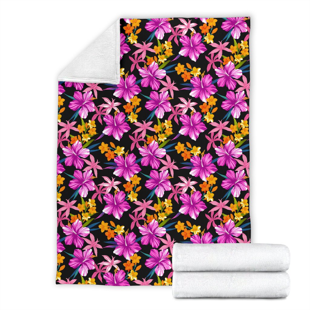 Tropical Flower Pink Hibiscus Print Fleece Blanket