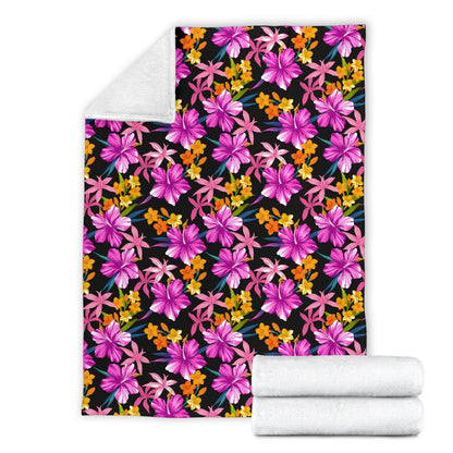 Tropical Flower Pink Hibiscus Print Fleece Blanket
