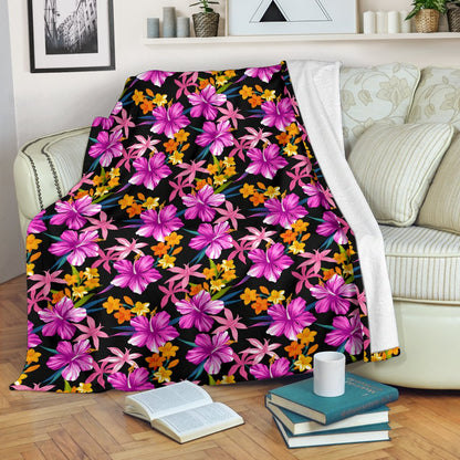Tropical Flower Pink Hibiscus Print Fleece Blanket