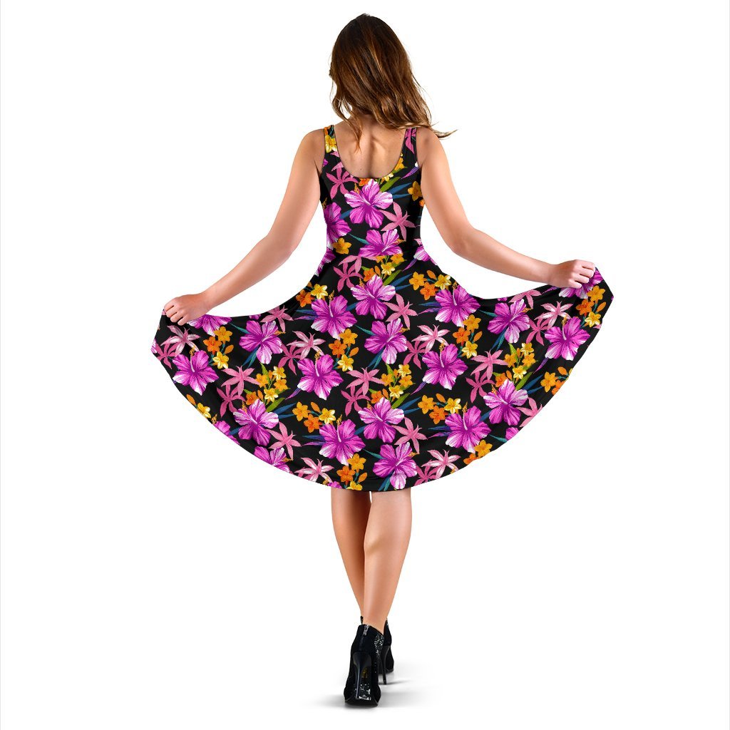 Tropical Flower Pink Hibiscus Print Sleeveless Dress