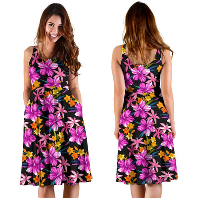 Tropical Flower Pink Hibiscus Print Sleeveless Dress