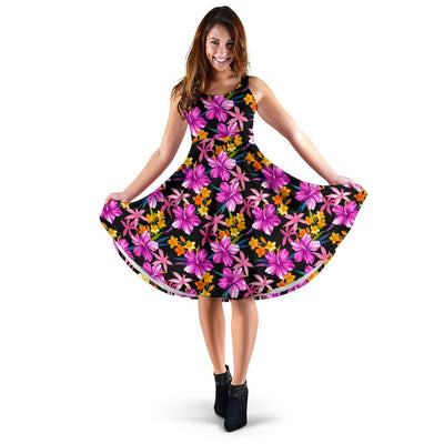 Tropical Flower Pink Hibiscus Print Sleeveless Dress