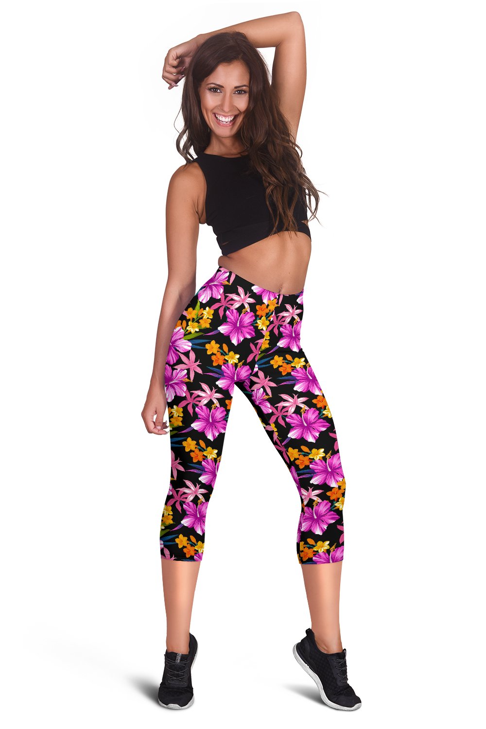 Tropical Flower Pink Hibiscus Print Women Capris