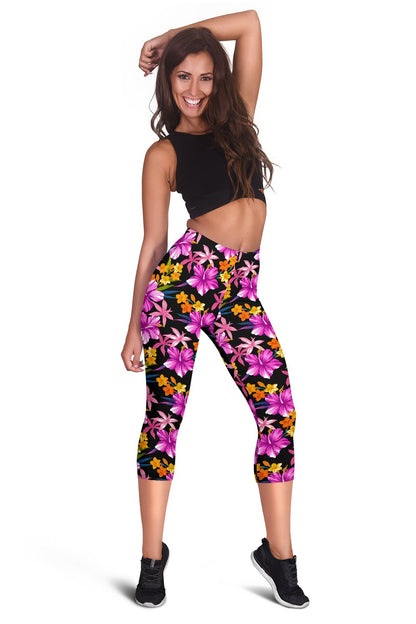 Tropical Flower Pink Hibiscus Print Women Capris