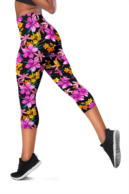 Tropical Flower Pink Hibiscus Print Women Capris