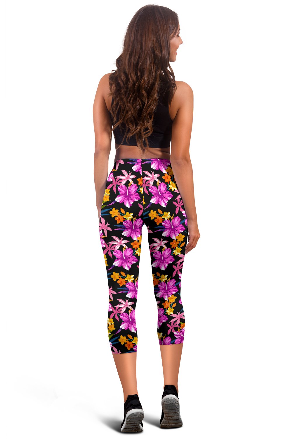 Tropical Flower Pink Hibiscus Print Women Capris