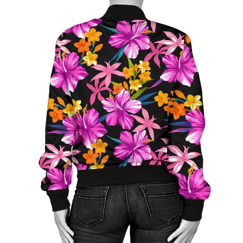 Tropical Flower Pink Hibiscus Print Women Casual Bomber Jacket