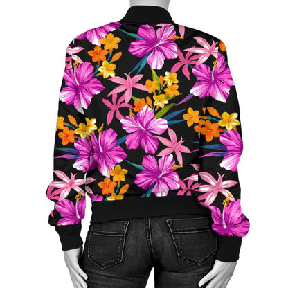 Tropical Flower Pink Hibiscus Print Women Casual Bomber Jacket
