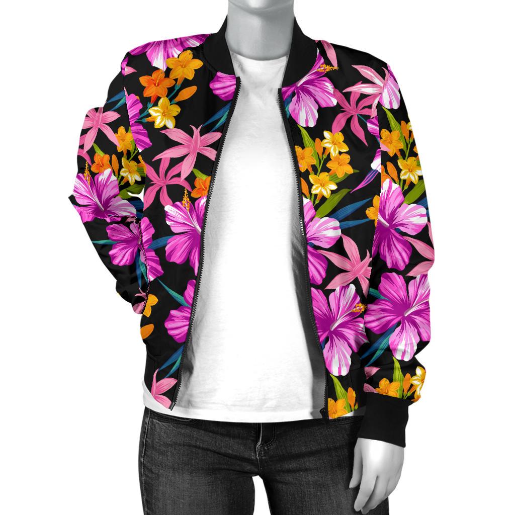 Tropical Flower Pink Hibiscus Print Women Casual Bomber Jacket