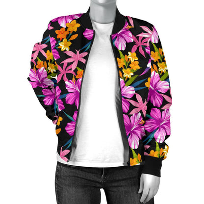 Tropical Flower Pink Hibiscus Print Women Casual Bomber Jacket