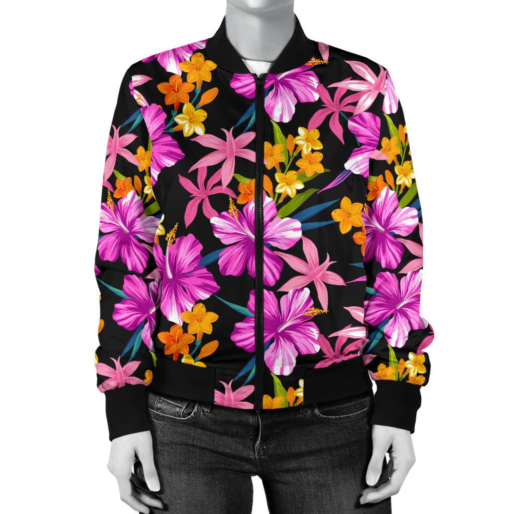 Tropical Flower Pink Hibiscus Print Women Casual Bomber Jacket
