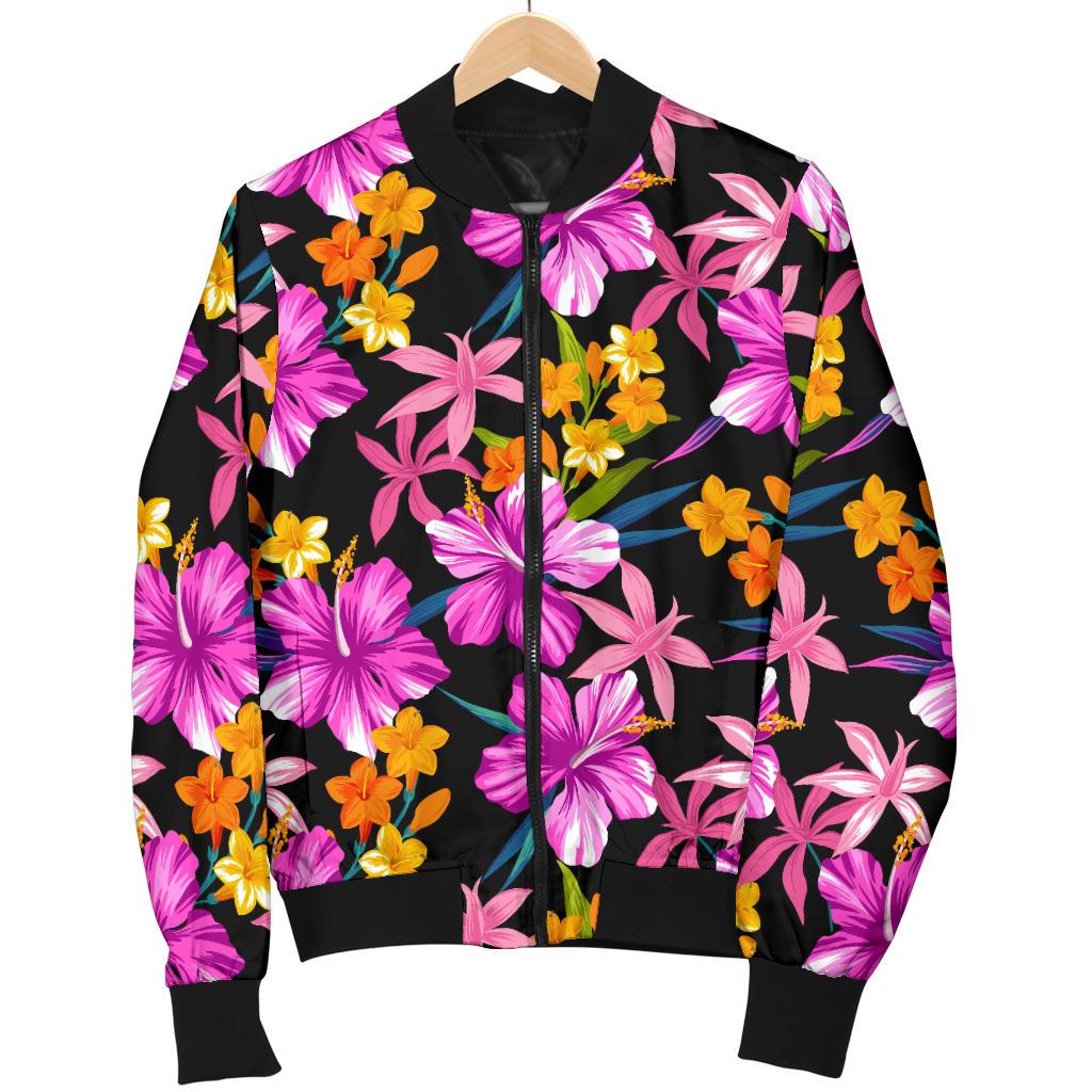 Tropical Flower Pink Hibiscus Print Women Casual Bomber Jacket