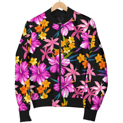 Tropical Flower Pink Hibiscus Print Women Casual Bomber Jacket