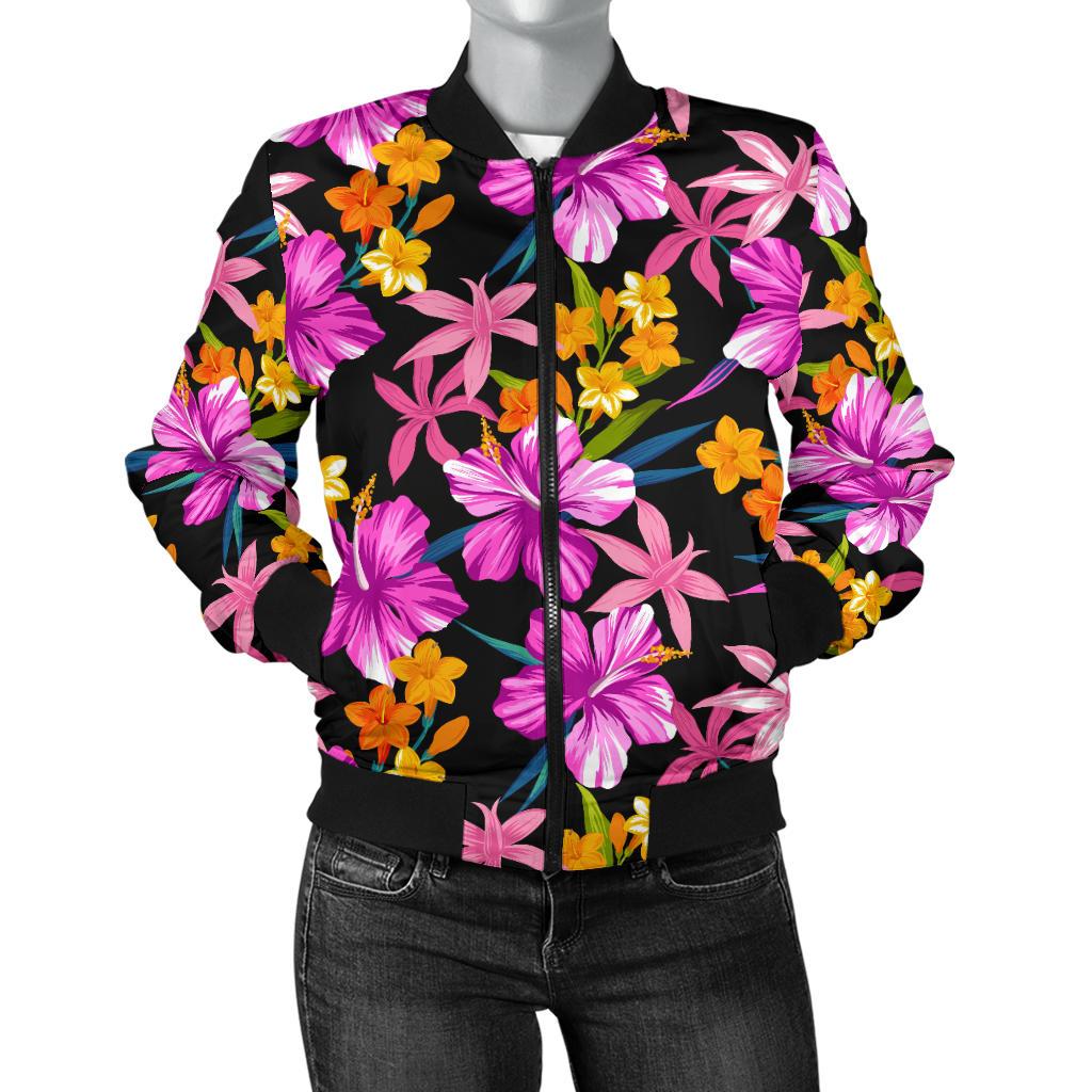 Tropical Flower Pink Hibiscus Print Women Casual Bomber Jacket