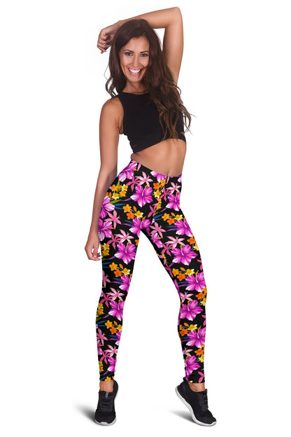 Tropical Flower Pink Hibiscus Print Women Leggings