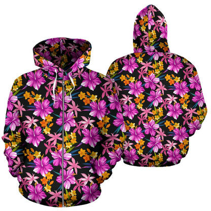 Tropical Flower Pink Hibiscus Print Zip Up Hoodie