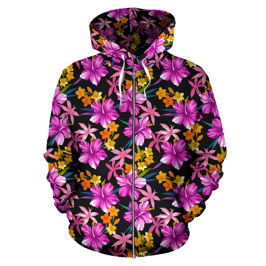 Tropical Flower Pink Hibiscus Print Zip Up Hoodie