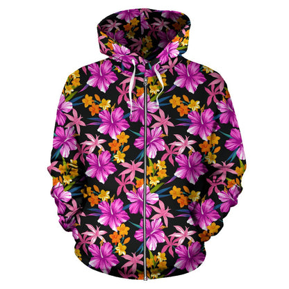 Tropical Flower Pink Hibiscus Print Zip Up Hoodie