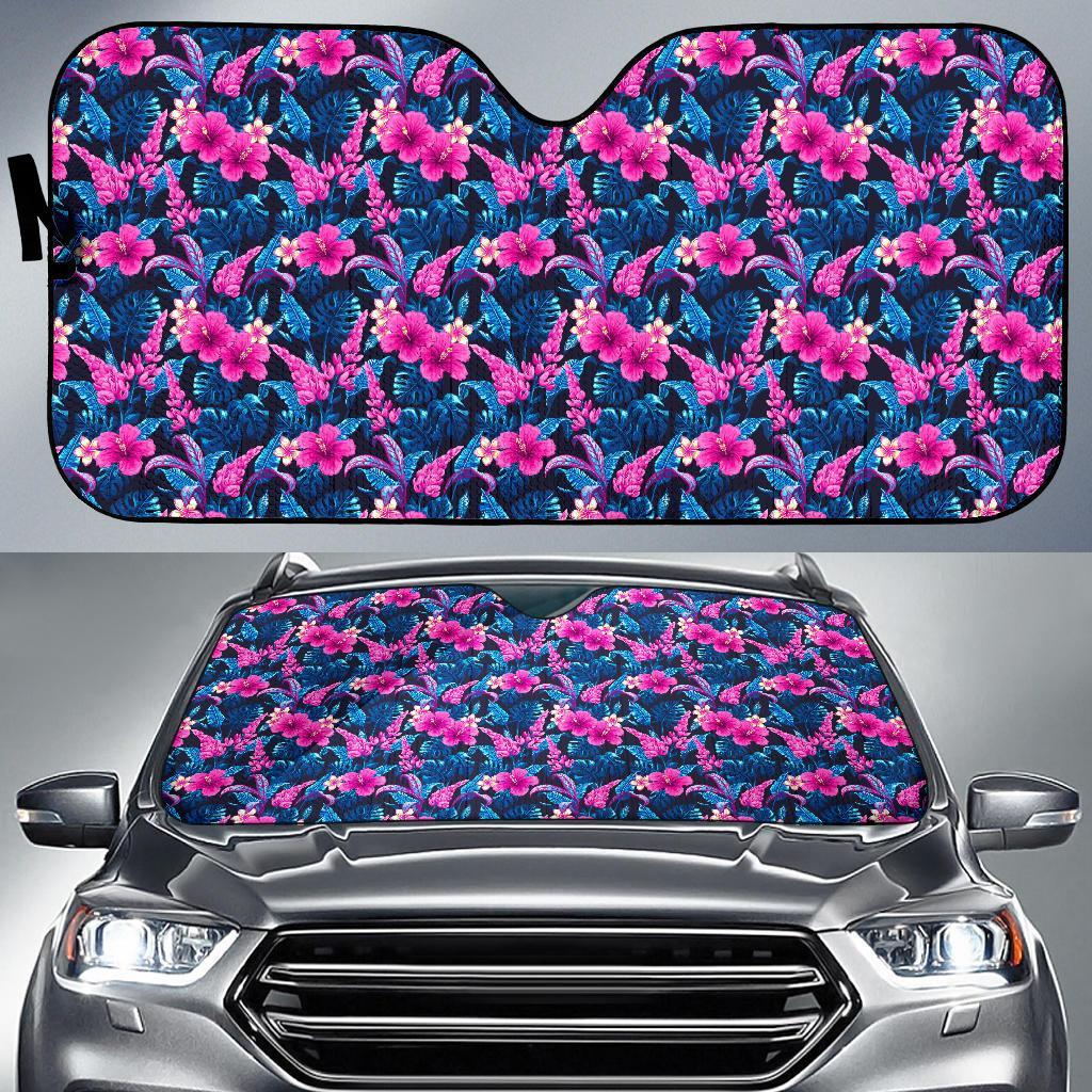 Tropical Flower Pink Themed Print Car Sun Shade For Windshield