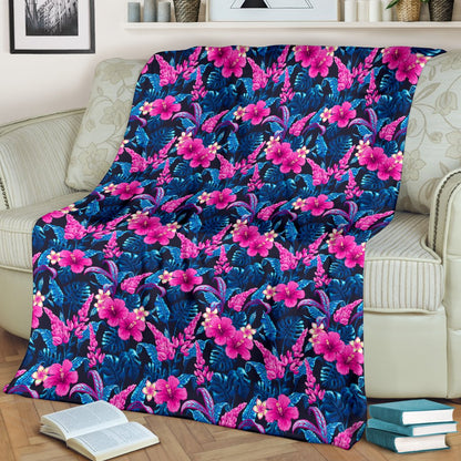 Tropical Flower Pink Themed Print Fleece Blanket