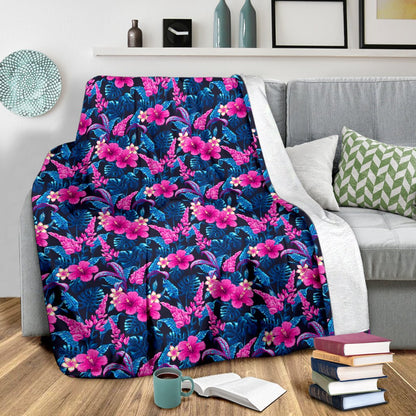 Tropical Flower Pink Themed Print Fleece Blanket