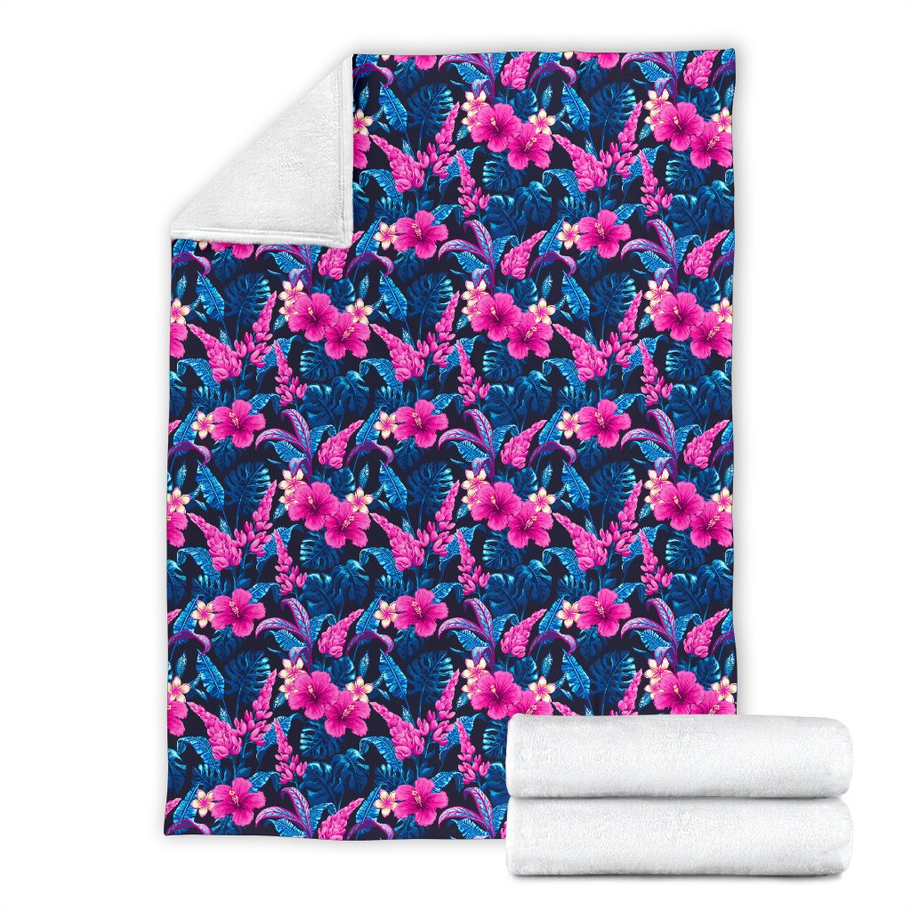 Tropical Flower Pink Themed Print Fleece Blanket