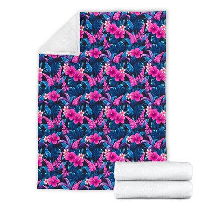 Tropical Flower Pink Themed Print Fleece Blanket