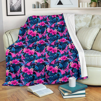 Tropical Flower Pink Themed Print Fleece Blanket