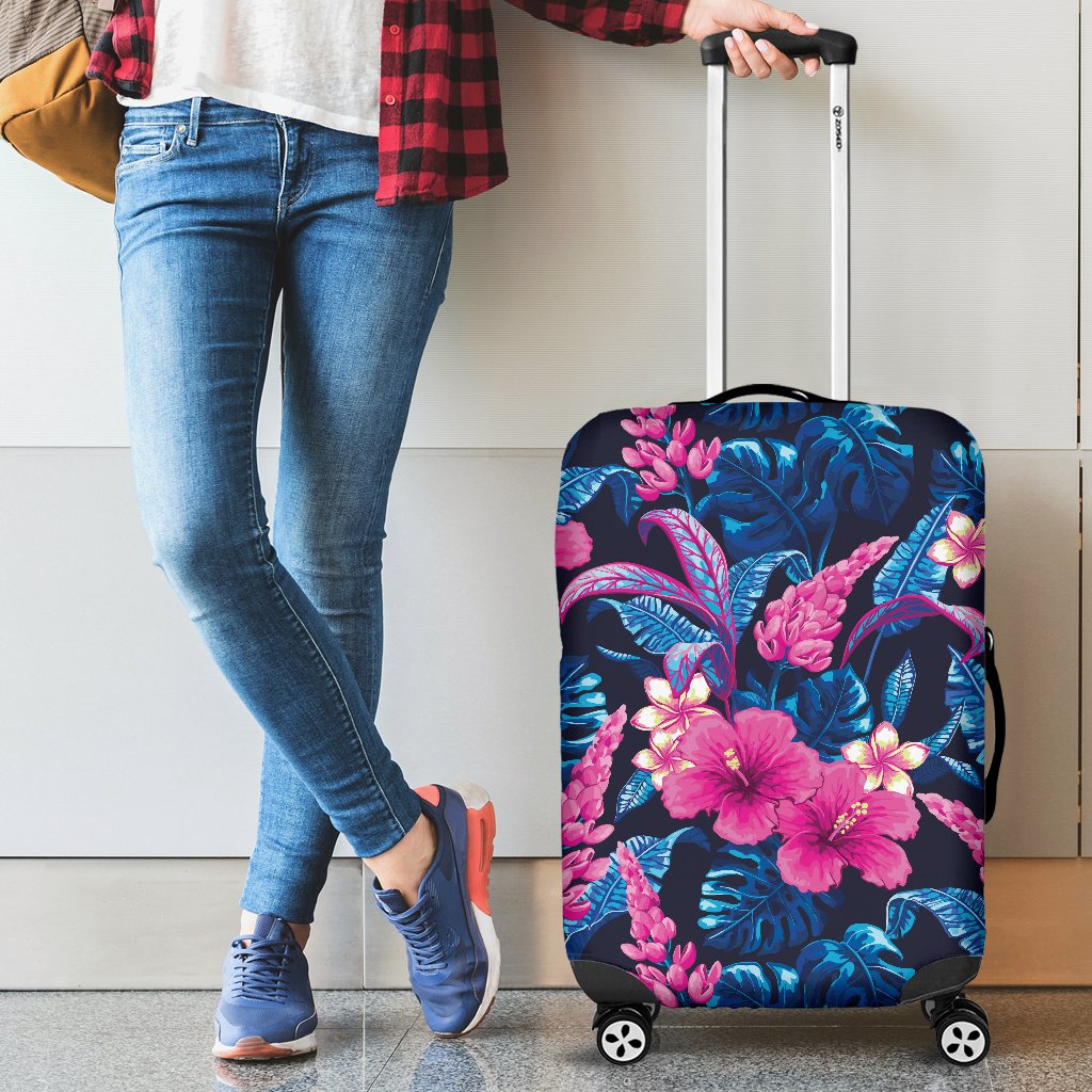 Tropical Flower Pink Themed Print Luggage Cover Protector