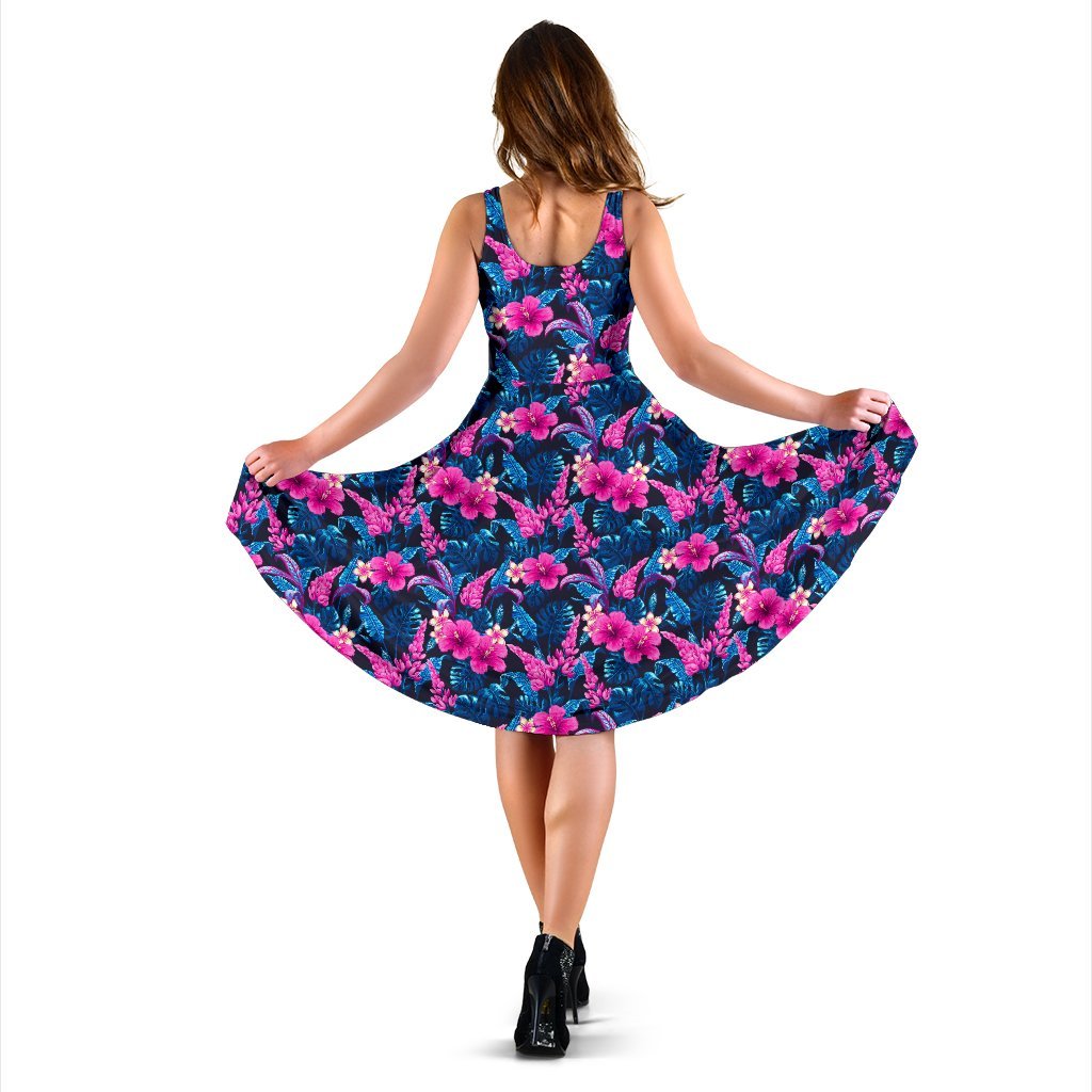 Tropical Flower Pink Themed Print Sleeveless Dress
