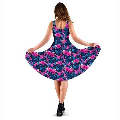 Tropical Flower Pink Themed Print Sleeveless Dress