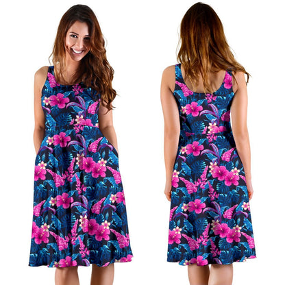 Tropical Flower Pink Themed Print Sleeveless Dress