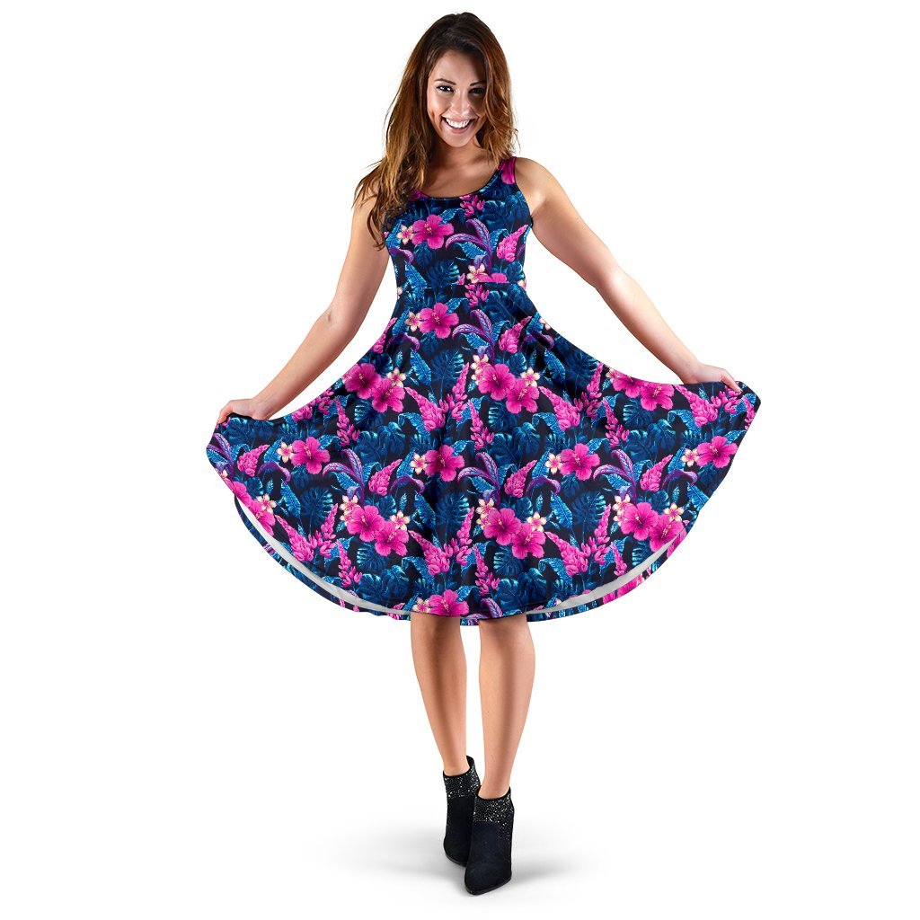Tropical Flower Pink Themed Print Sleeveless Dress