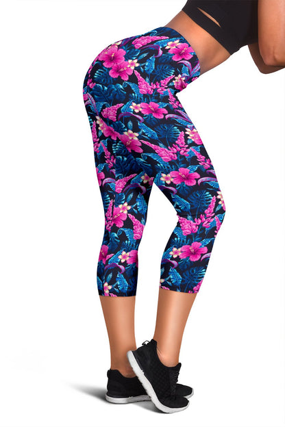 Tropical Flower Pink Themed Print Women Capris
