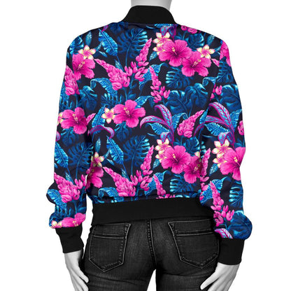 Tropical Flower Pink Themed Print Women Casual Bomber Jacket