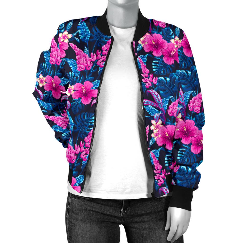 Tropical Flower Pink Themed Print Women Casual Bomber Jacket