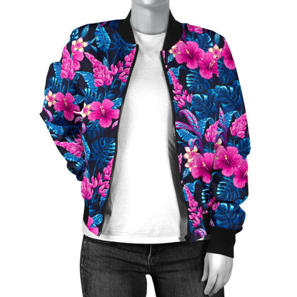 Tropical Flower Pink Themed Print Women Casual Bomber Jacket