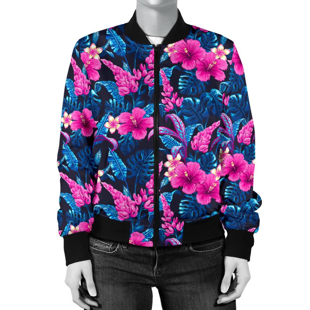 Tropical Flower Pink Themed Print Women Casual Bomber Jacket