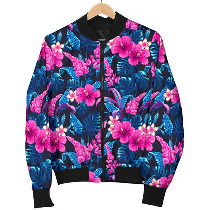 Tropical Flower Pink Themed Print Women Casual Bomber Jacket
