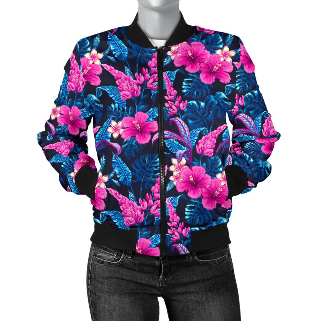 Tropical Flower Pink Themed Print Women Casual Bomber Jacket