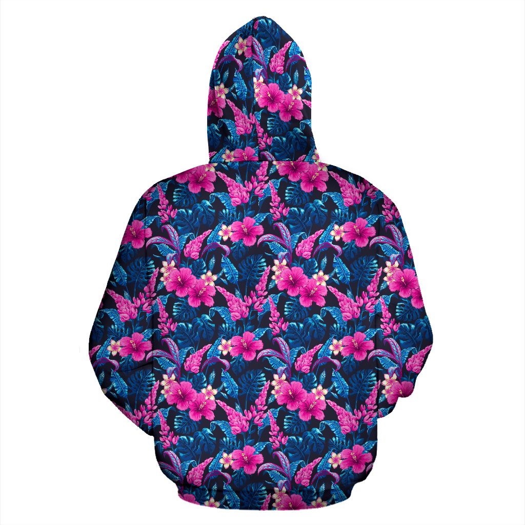 Tropical Flower Pink Themed Print Zip Up Hoodie