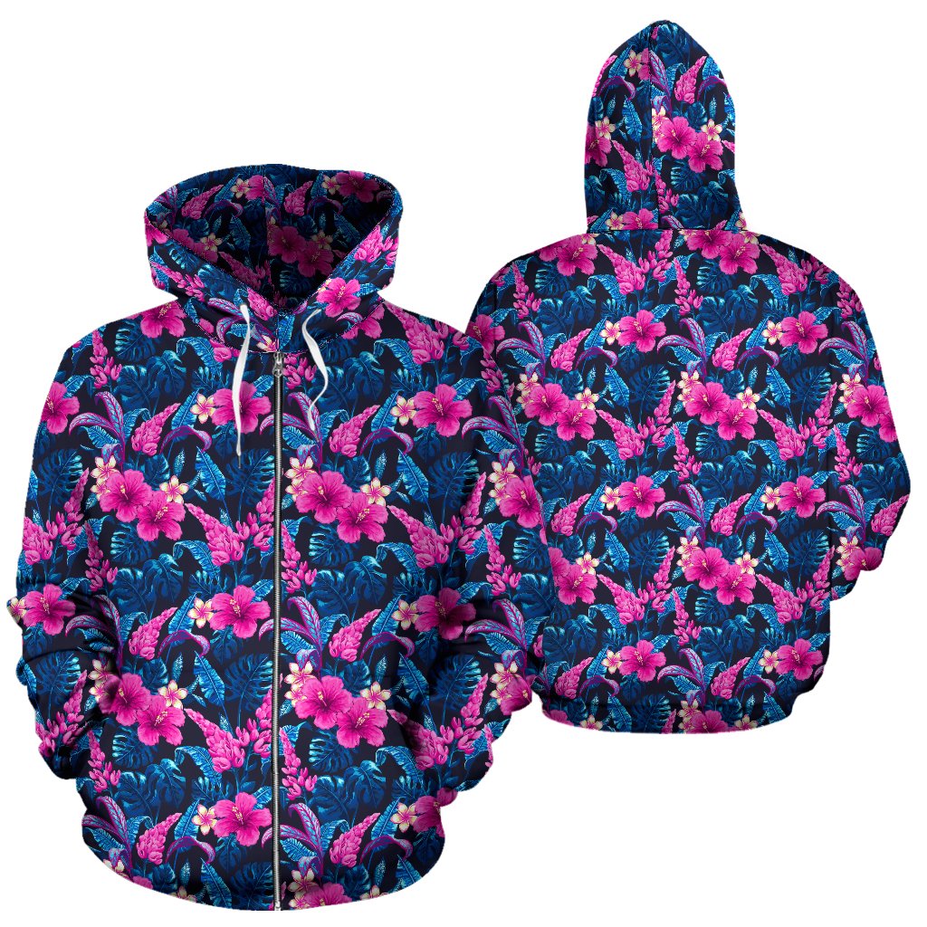 Tropical Flower Pink Themed Print Zip Up Hoodie