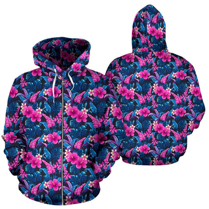 Tropical Flower Pink Themed Print Zip Up Hoodie