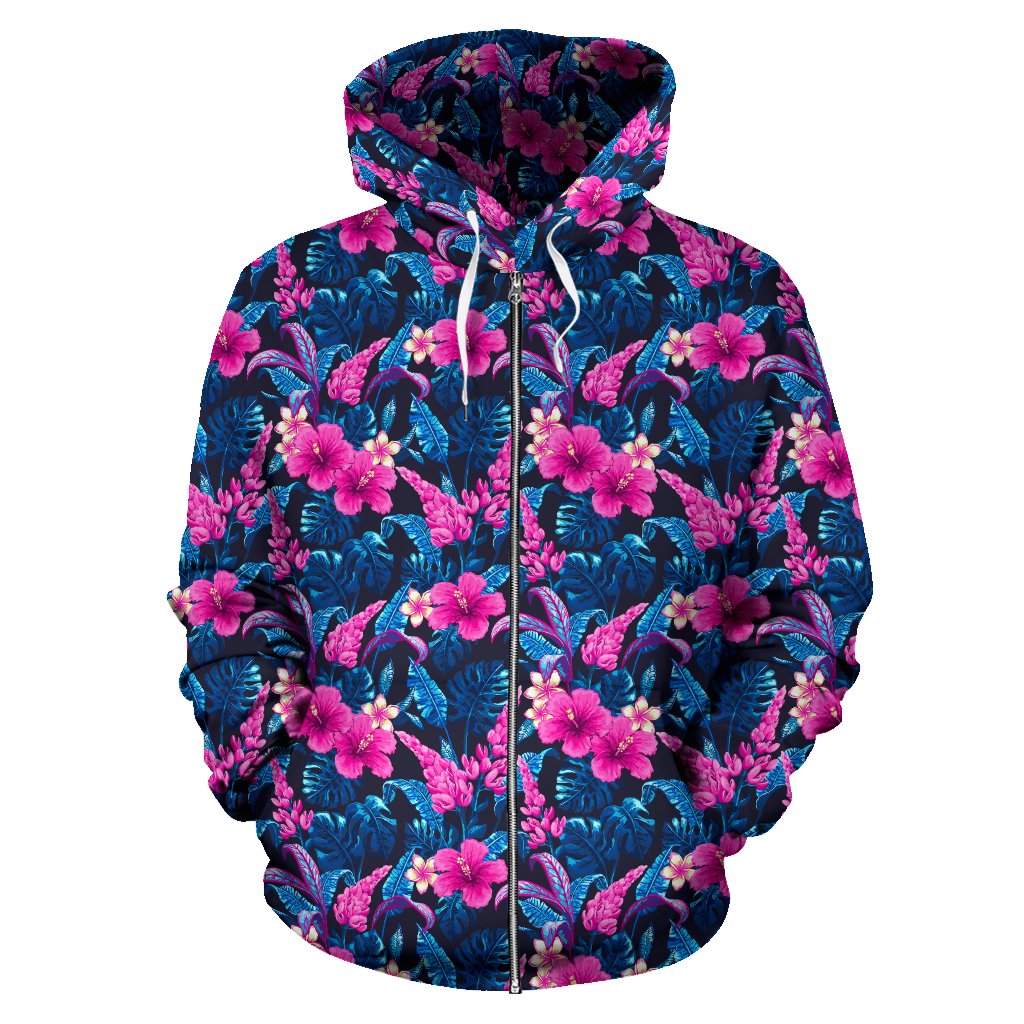 Tropical Flower Pink Themed Print Zip Up Hoodie
