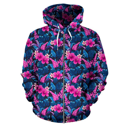 Tropical Flower Pink Themed Print Zip Up Hoodie
